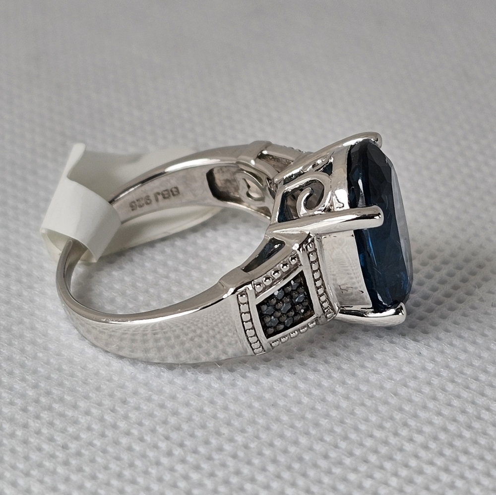 Natural London Blue Topaz & Teal Diamond Ring in Sterling Silver Sz 9! - Picture 10 of 16